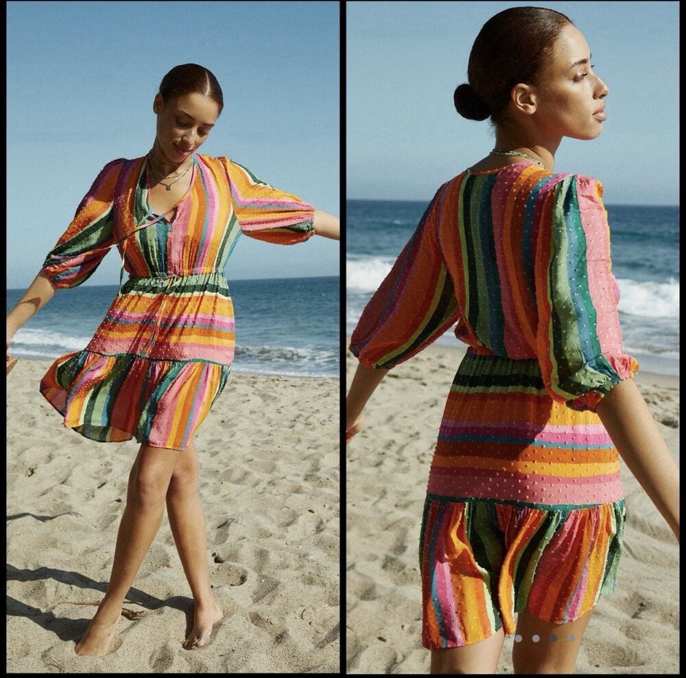 Anthropologie Farm Rio Rainbow Cover-Up Mini Dress Size SMALL Textured V-Neck